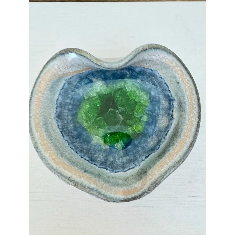 Handmade Studio Pottery Heart Dish Green Crystal Glaze Geode Ring Dish Trinket 3